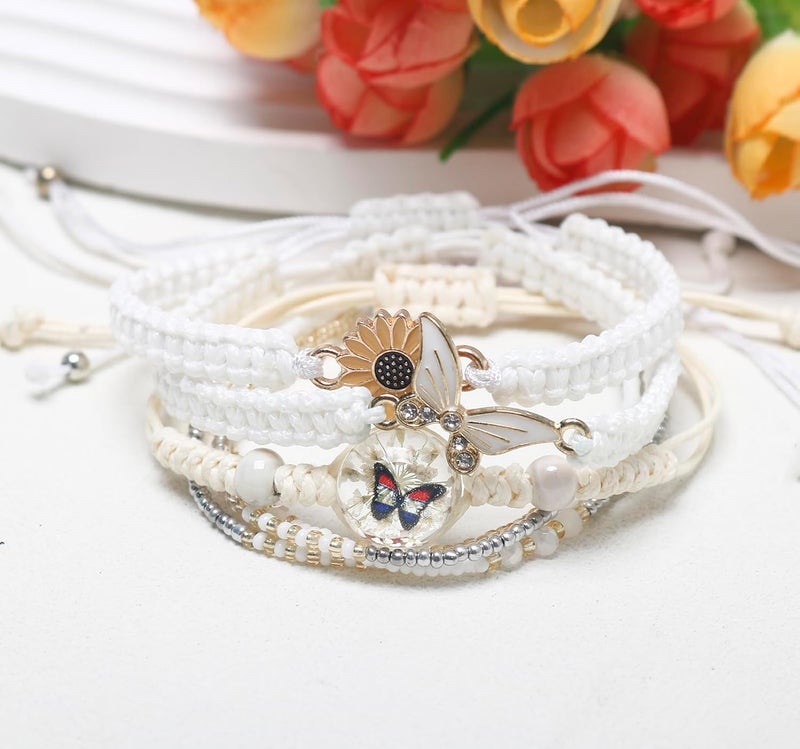 DS 4PCS String beads Charm Bracelets for Teen Girls Dainty cute cartoon Butterfly Daisy Eternal flower Beads Bracelets set for woman and girls Adjustable Stretch bracelet birthday Gift For Friends - Image 4